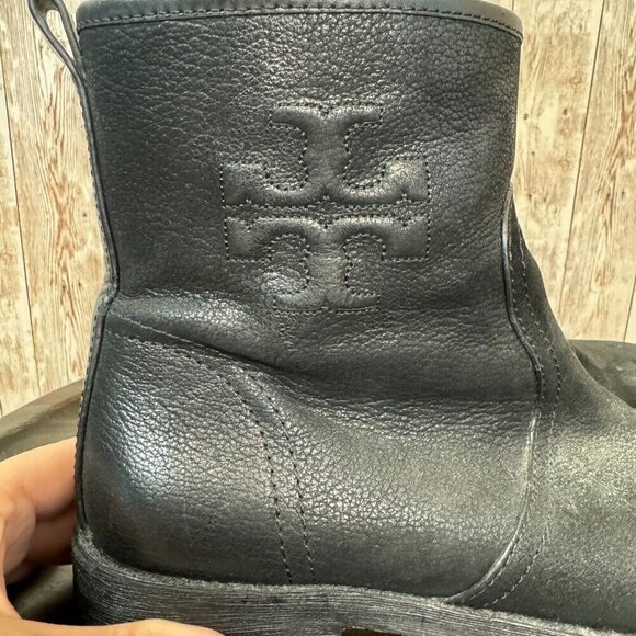 Tory Burch Simone Leather Moto Ankle Bootie Side Zip Logo Black Size 8 Women - Picture 8 of 11